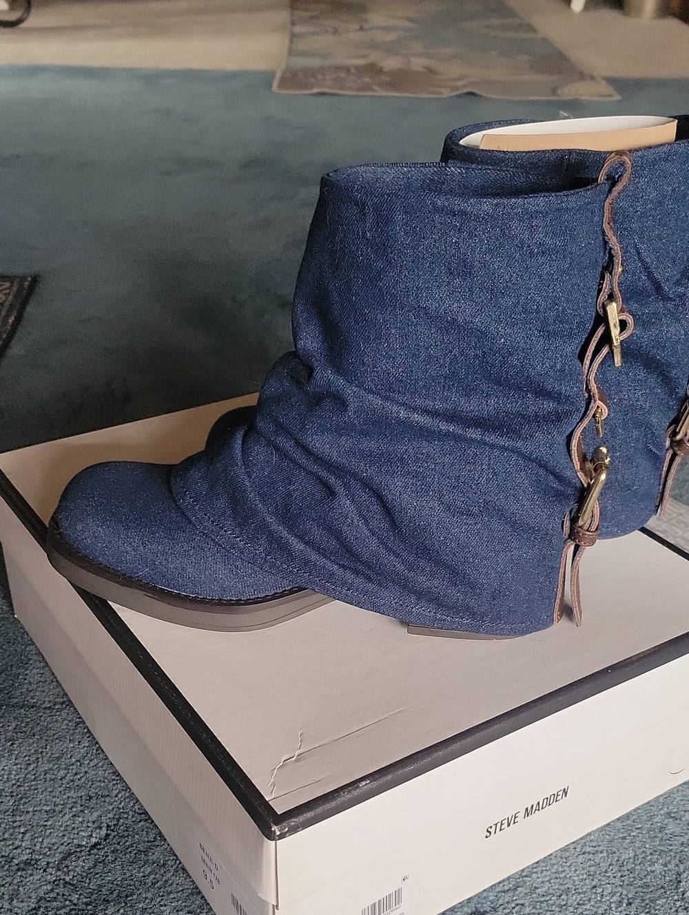 Steve Madden Dark Denim Slouchy Ankle Boots with Buckle Detail